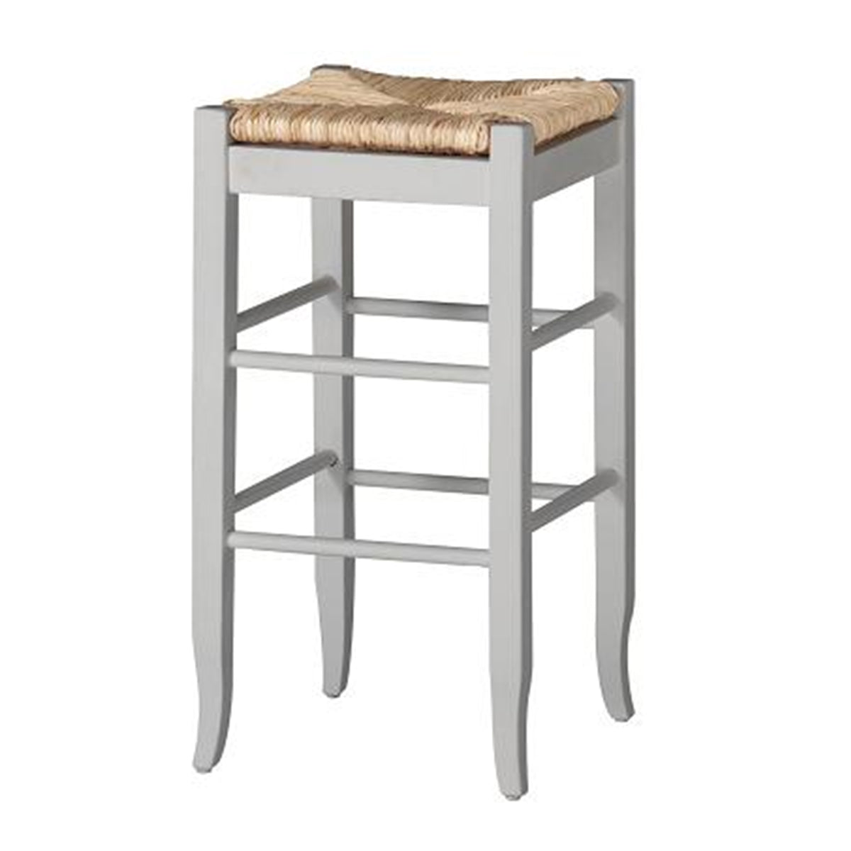 Square wooden frame barstool with hand-woven rush seat in white and brown by Benzara