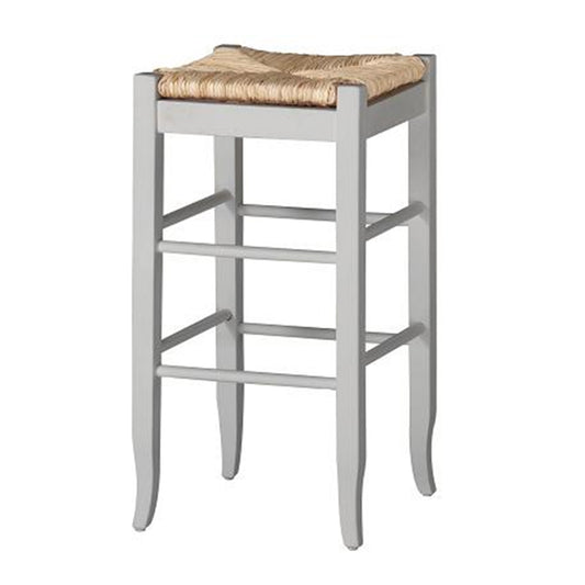 Square wooden frame barstool with hand-woven rush seat in white and brown by Benzara