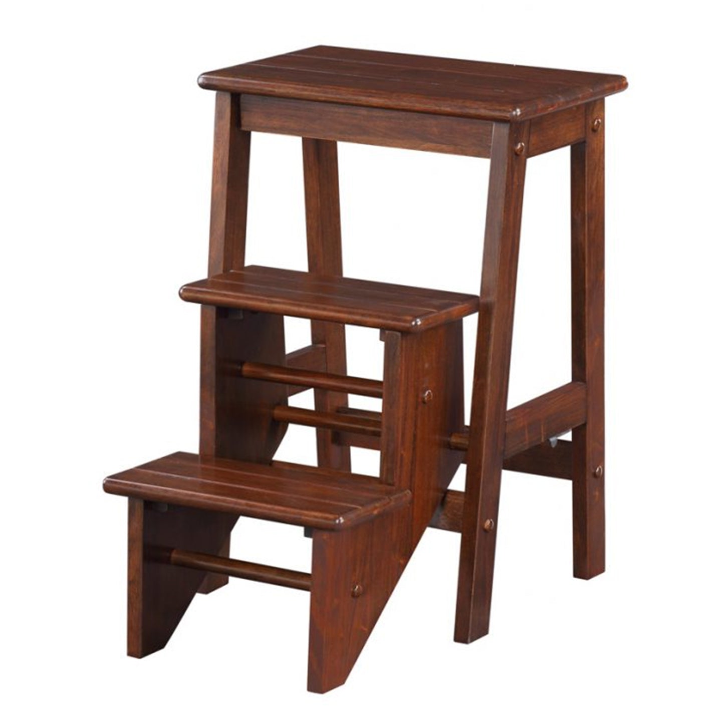3-step wooden frame stool with safety latch in brown finish