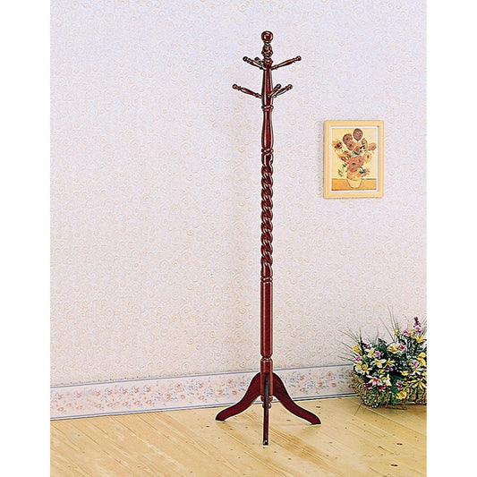 Traditional-style Benzara coat rack in merlot brown with twisted column and three-legged base