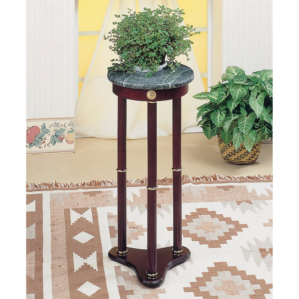 Ideally Classic Accent Table, Merlot Brown round marble-top plant stand on three slender legs Benzara