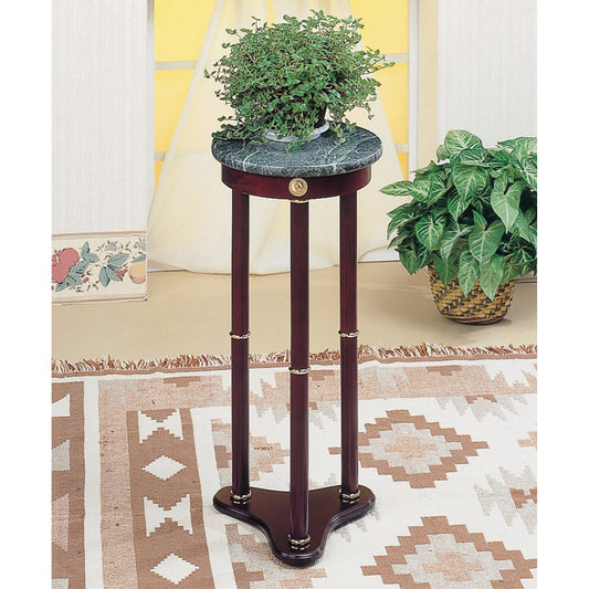 Ideally Classic Accent Table, Merlot Brown round marble-top plant stand on three slender legs Benzara