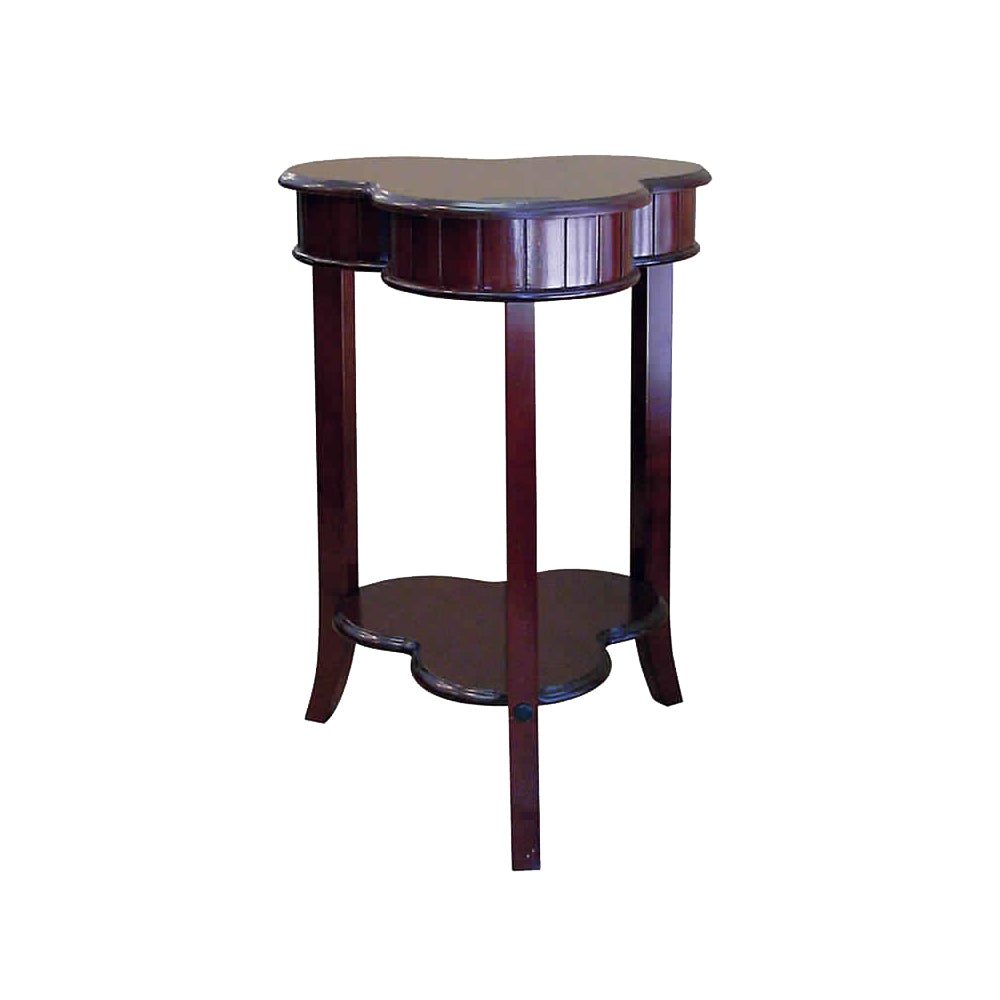 Clover-shaped wooden end table with flared legs in cherry brown, two-tier design.