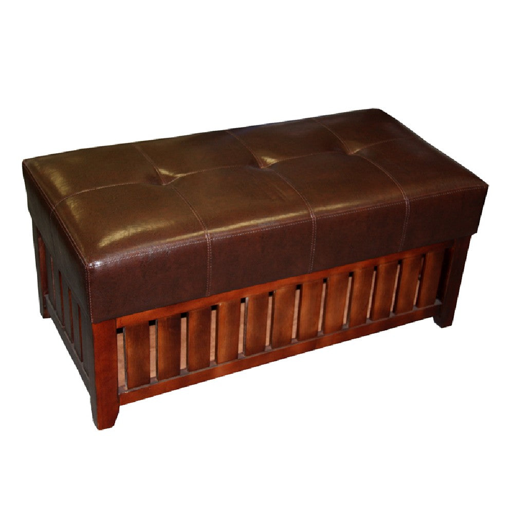 Leatherette padded storage bench with slatted wooden frame in brown.