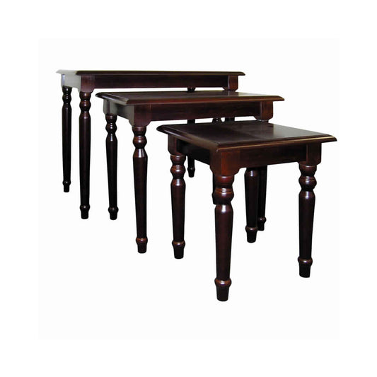 Benzara 3-piece wooden nesting table set with turned tapered legs in cherry brown.