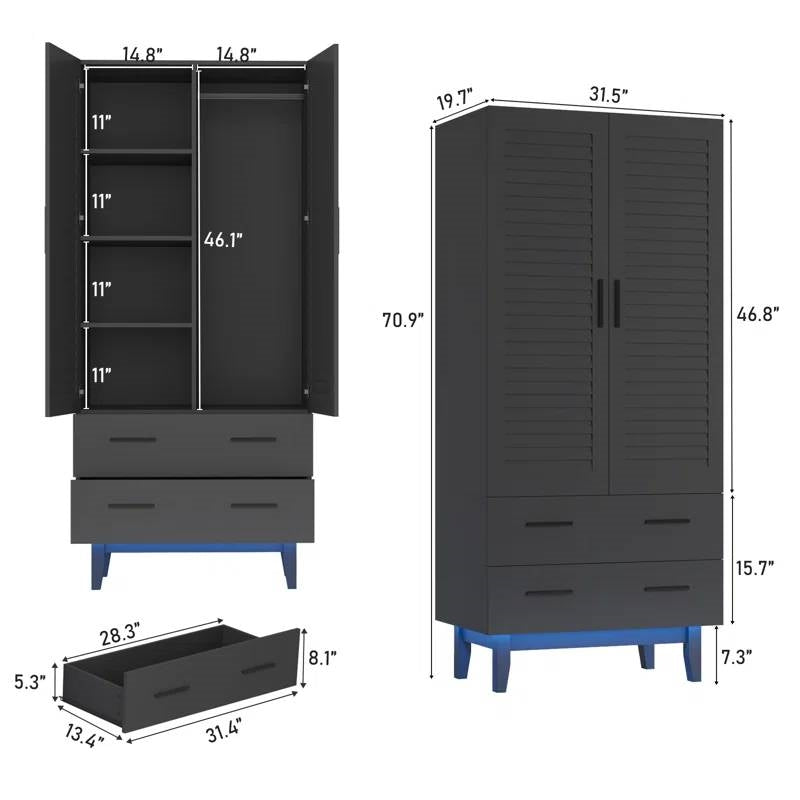 Matte Black Mid-Century Wardrobe Armoire with Louver Doors and LED Lights