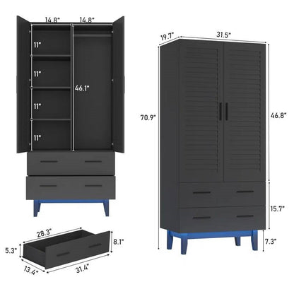 Matte Black Mid-Century Wardrobe Armoire with Louver Doors and LED Lights