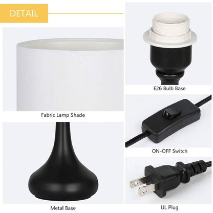 Set of 2 - Classic Black Metal Table Lamp with White Linen Drum Shade