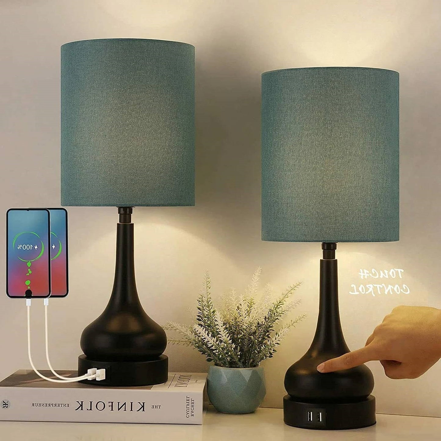 Set of 2 - Black Metal USB Table Lamp with Blue Linen Drum Shade