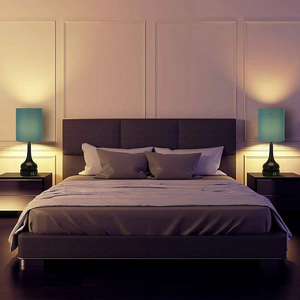 Set of 2 - Black Metal USB Table Lamp with Blue Linen Drum Shade