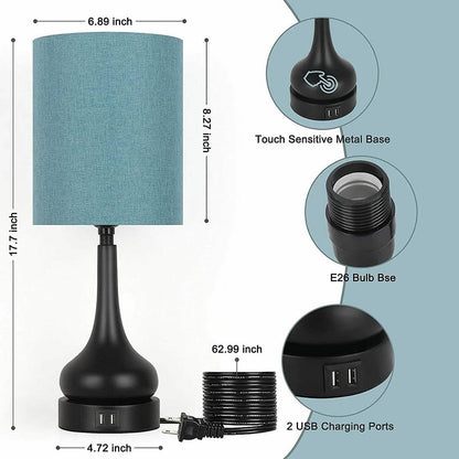 Set of 2 - Black Metal USB Table Lamp with Blue Linen Drum Shade