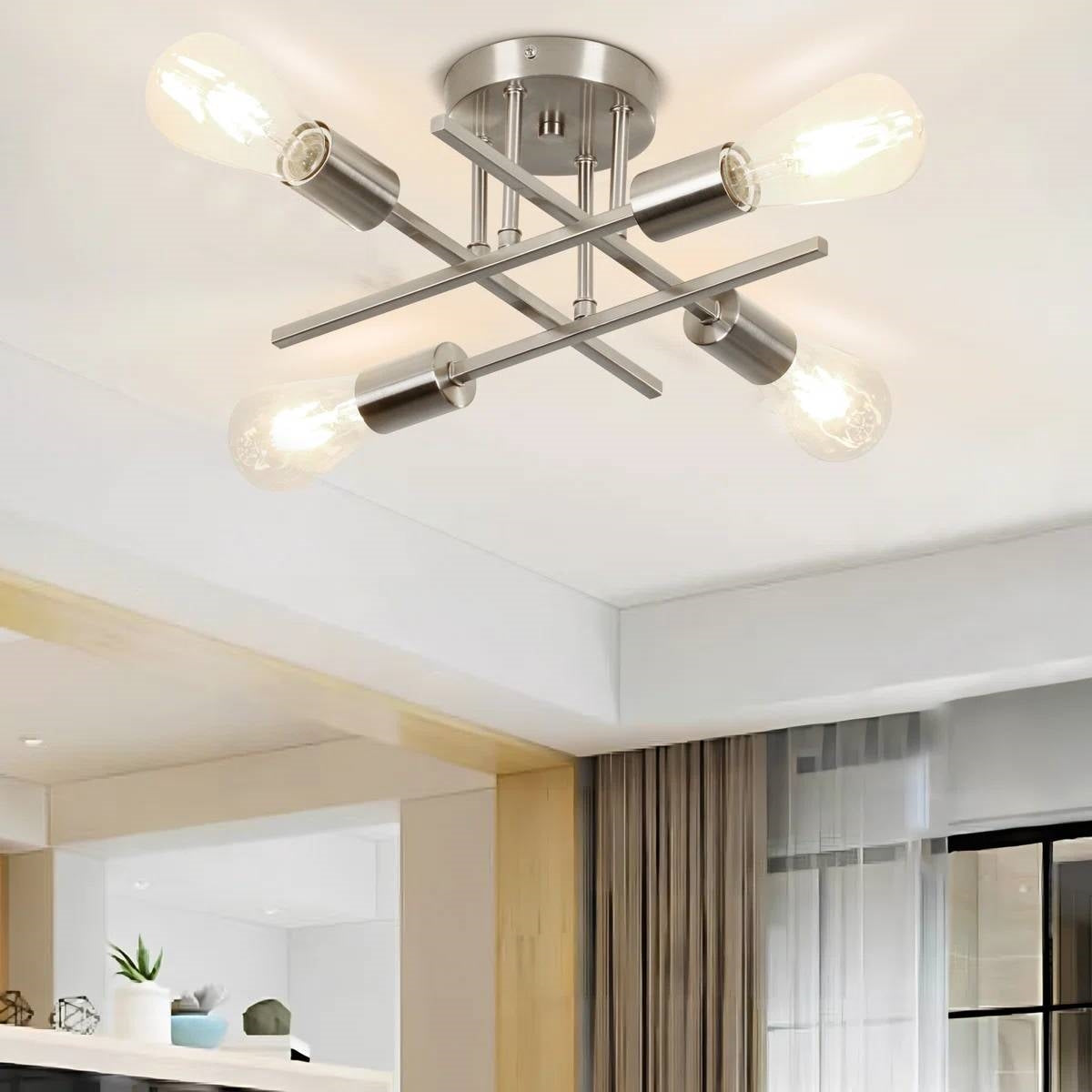 4-Light Modern Flush Mount Sputnik Ceiling Light Fixture in Brushed Nickel