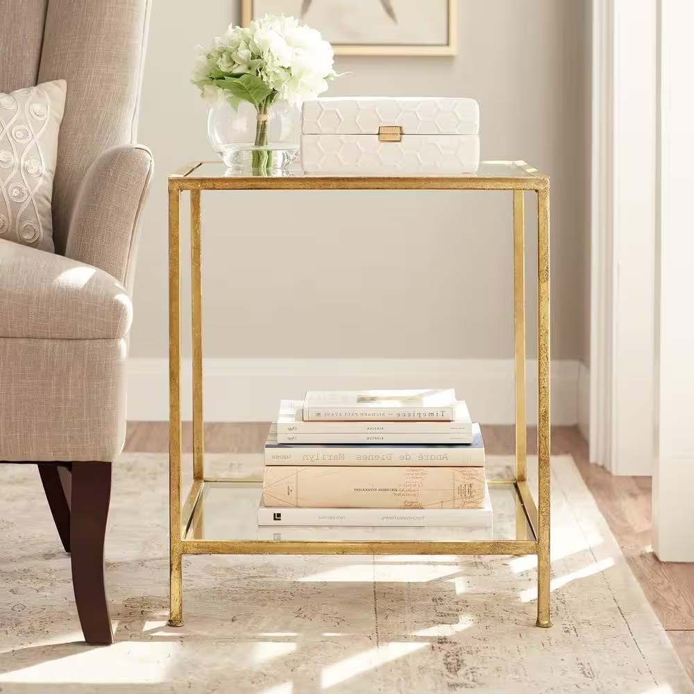 Square Accent Side Table Gold Metal Frame Glass Top Bottom Shelf Sofa Table — Chic Home-Decor