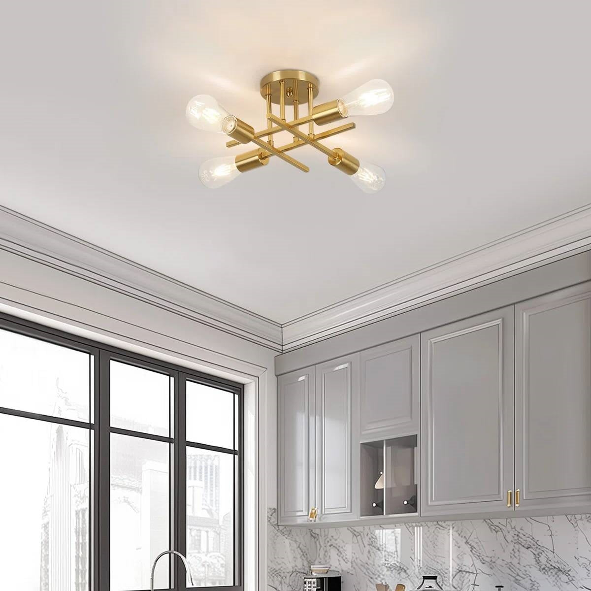 4-Light Flush Mount Modern Sputnik Ceiling Light Fixture in Brass Finish