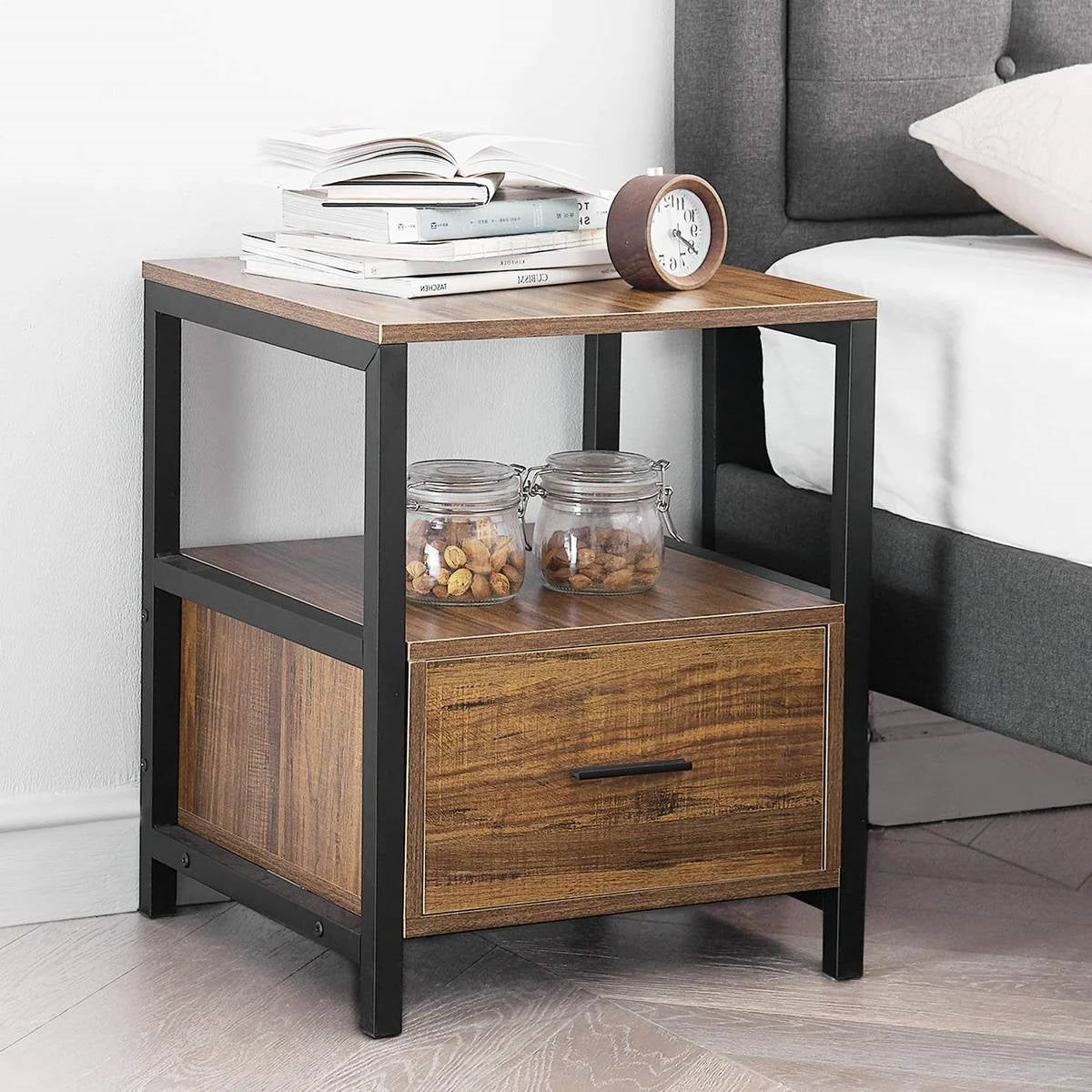 Modern Industrial Wood Metal Side End Table Nightstand with Storage Drawer