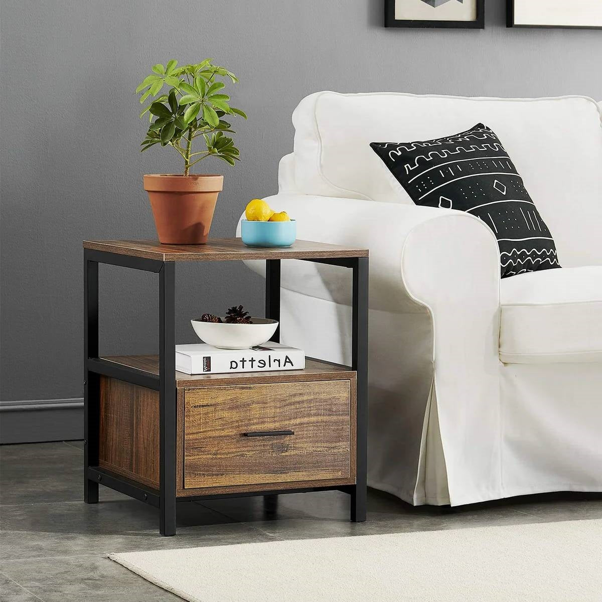 Modern Industrial Wood Metal Side End Table Nightstand with Storage Drawer