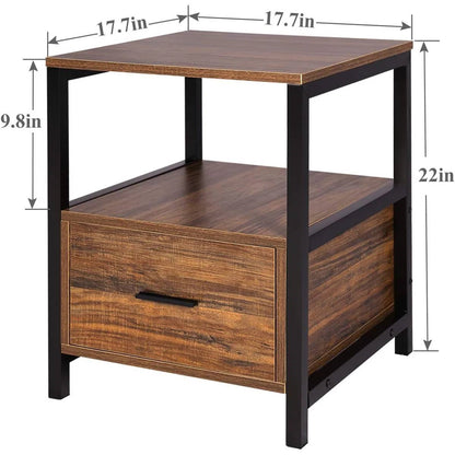 Modern Industrial Wood Metal Side End Table Nightstand with Storage Drawer
