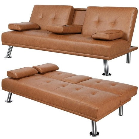 Brown Modern Faux Leather Cup Holders Convertible Sofa Bed Futon Sleeper — Chic Home-Decor