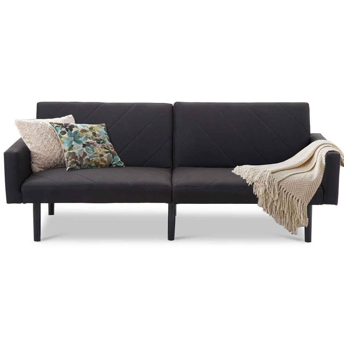 Modern Black Linen Split-Back Futon Sleeper Sofa Bed Couch