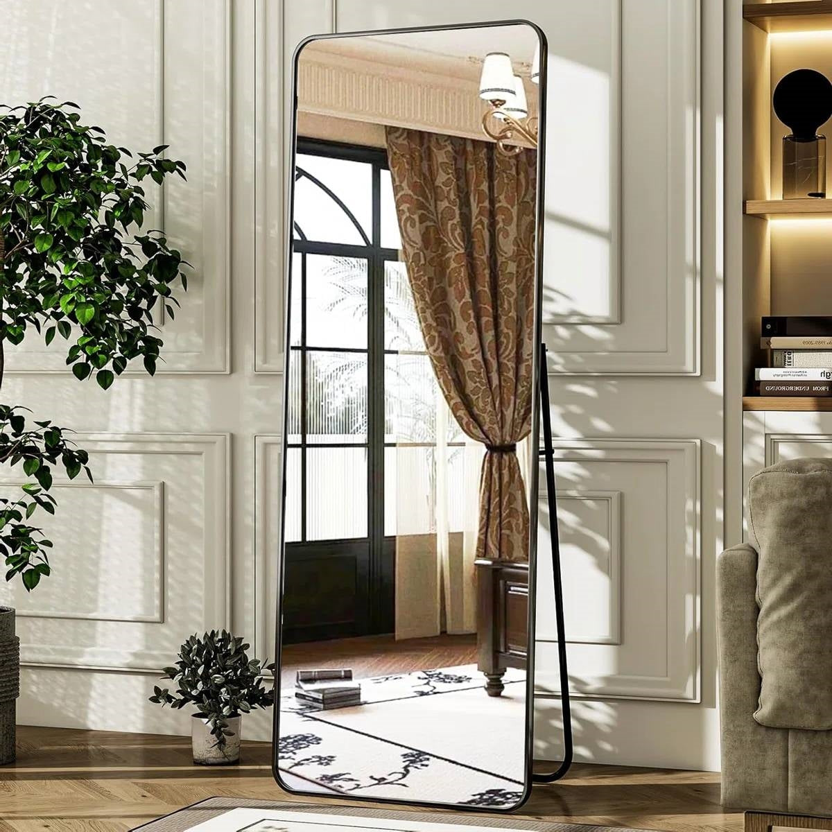 Black 65-inch Full Length Floor Mirror with Stand and Wall Mount Holes