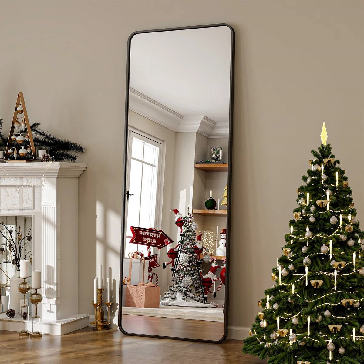 Black 65-inch Full Length Floor Mirror with Stand and Wall Mount Holes