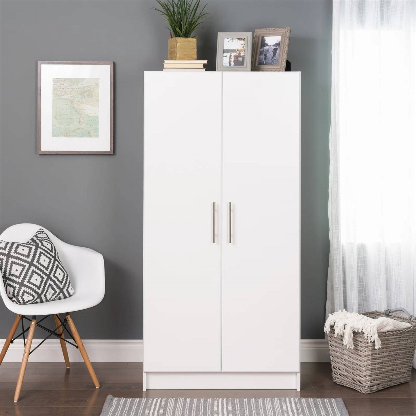 Bedroom Armoire Wardrobe Cabinet with Hanging Rail in White Wood Finish — Chic Home-Decor