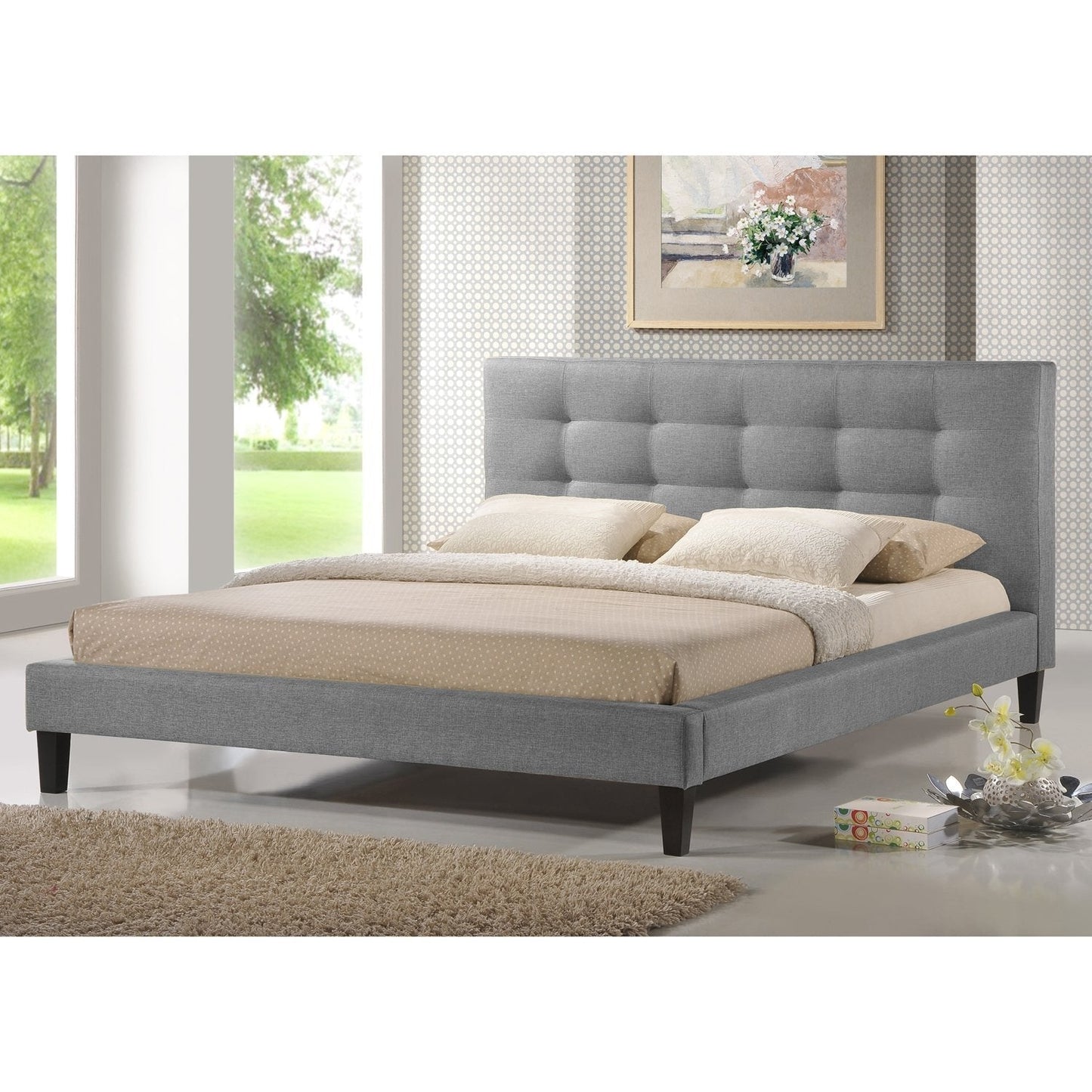 King size Modern Gray Linen Upholstered Platform Bed with Headboard