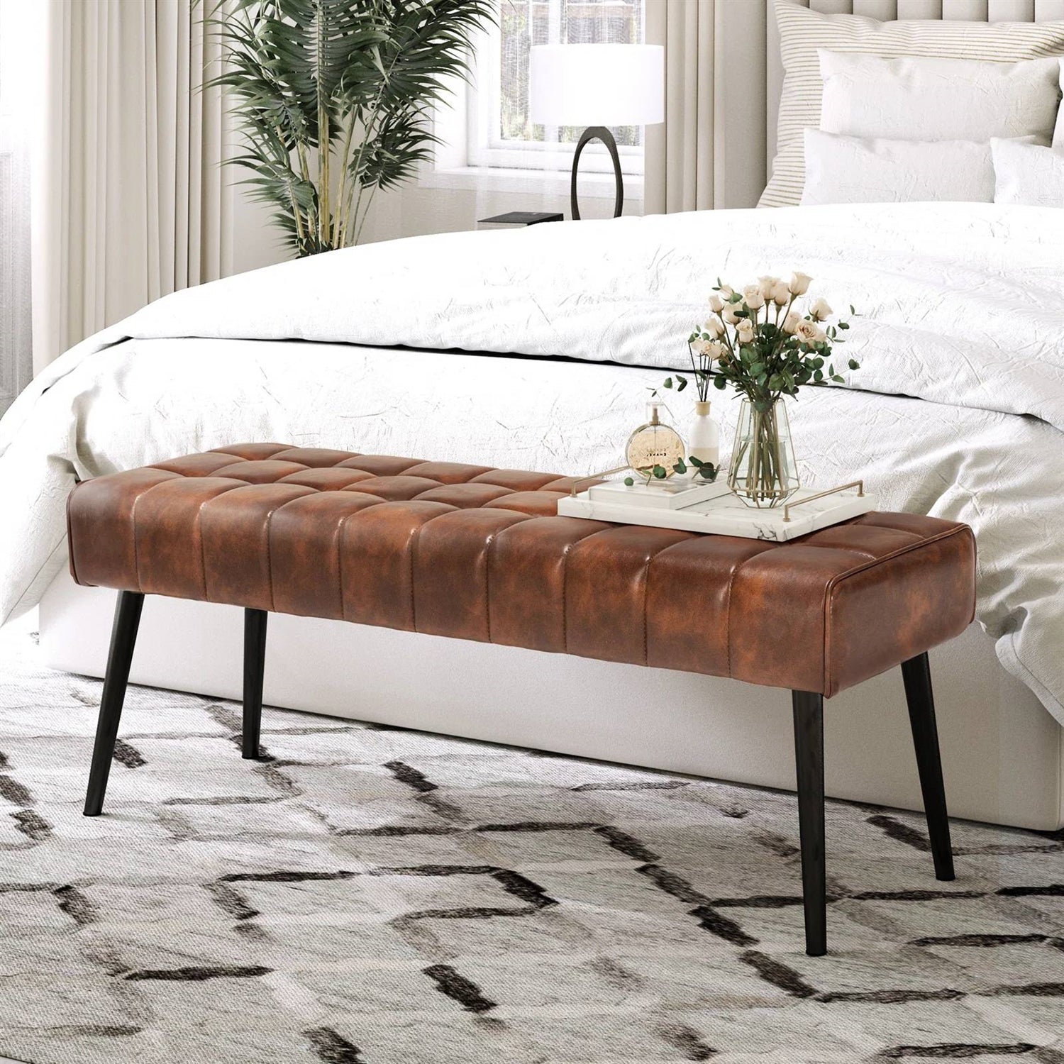 Mid-Century Modern Bedroom Bench with Brown PU Leather Seat and Tapered Legs — Chic Home-Decor