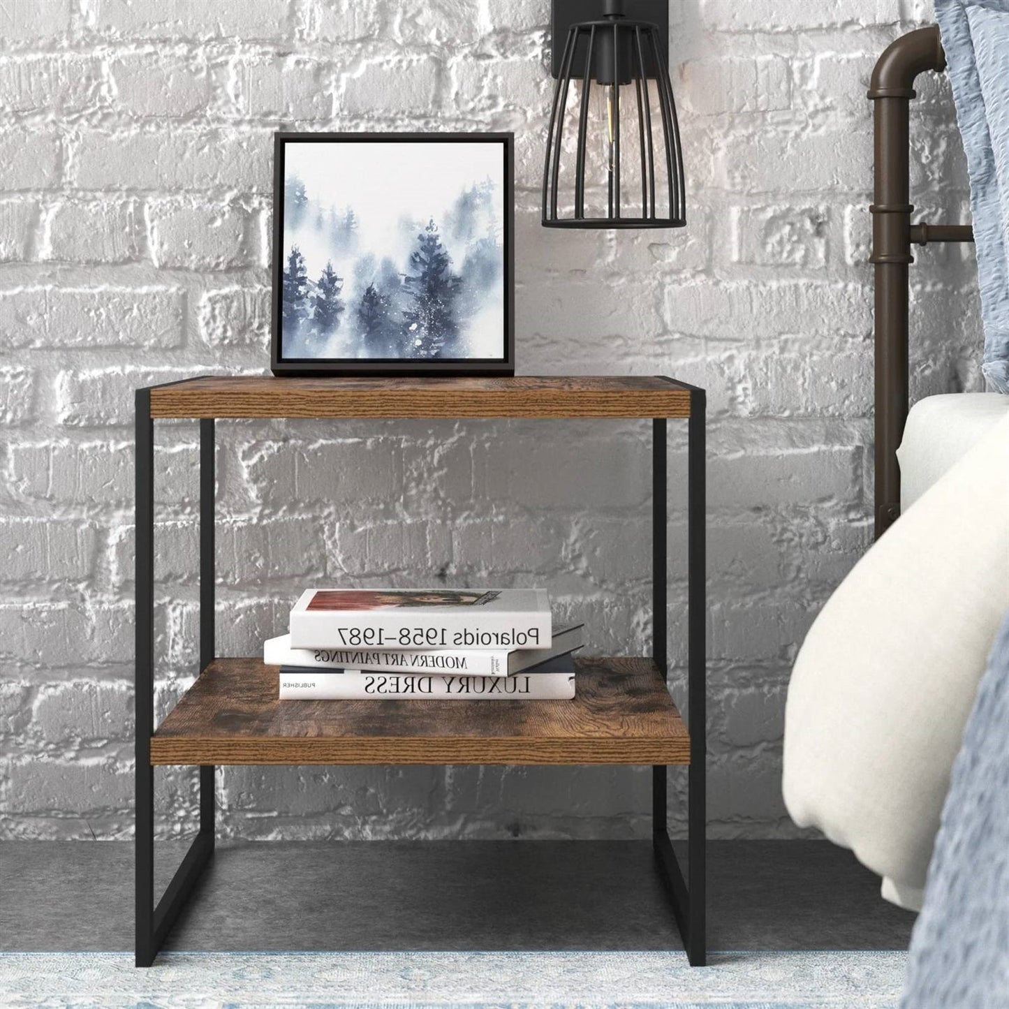 Industrial Modern Black Metal Brown Wood Top Nightstand End Table with Shelf — Chic Home-Decor