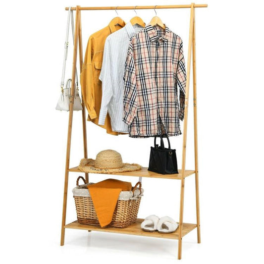 Entryway Bedroom Wood Garment Clothes Hanging Rack with 2 Bottom Storage Shelves — Chic Home-Decor