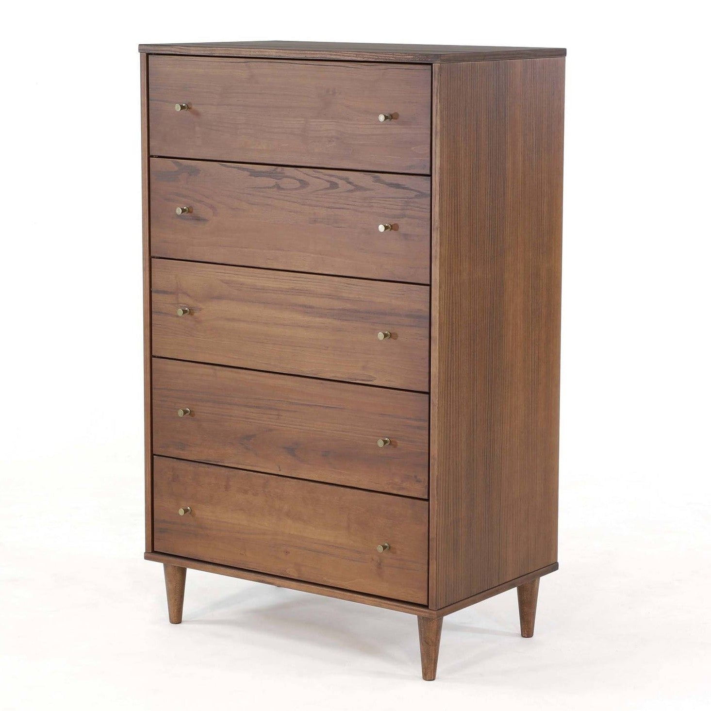 Farmhouse Rustic Walnut Mid Century 5 Drawer Chest — Chic Home-Decor