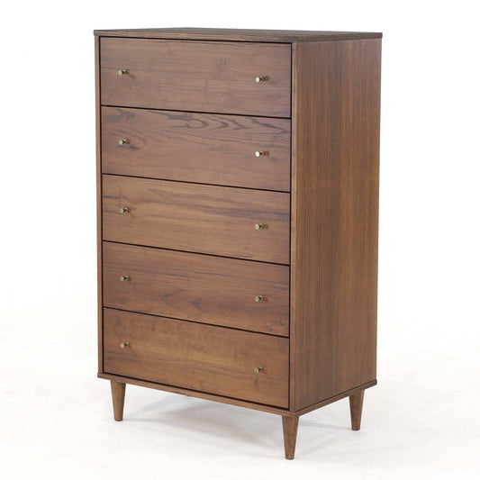 Farmhouse Rustic Walnut Mid Century 5 Drawer Chest — Chic Home-Decor