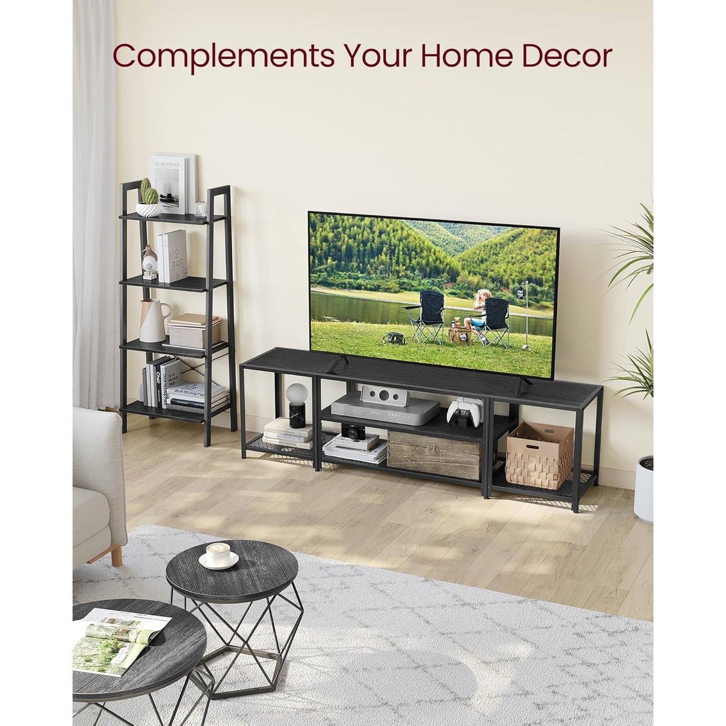 Modern Black Metal Wood TV Stand Entertainment Center for TV up to 75-inch