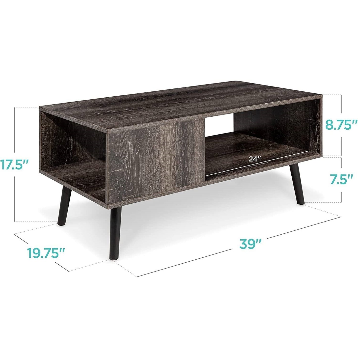 Modern Mid-Century Coffee Table Living Room Storage Shelf in Rustic Black Wood