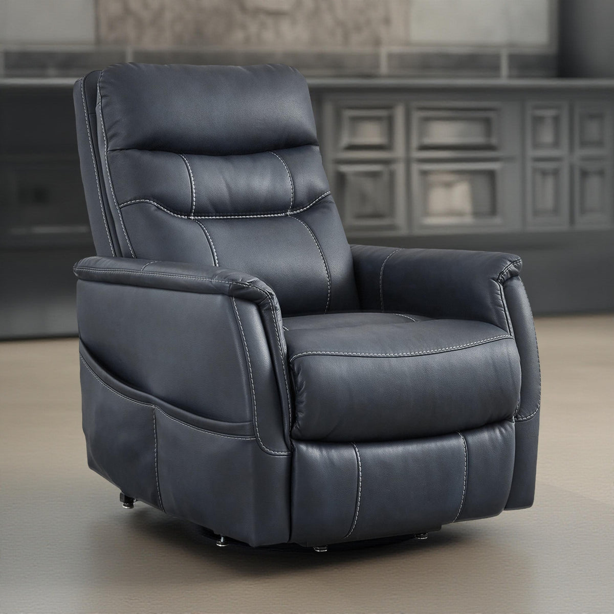 Barrett Power Lift Recliner Chair, Navy Blue Faux Leather, Pillow Back
