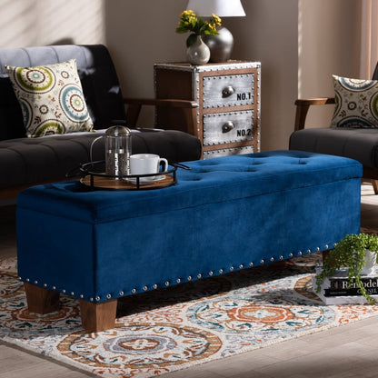 Liba Ottoman Bench, Button Tufted Light Blue Fabric, Black, 47 Inch