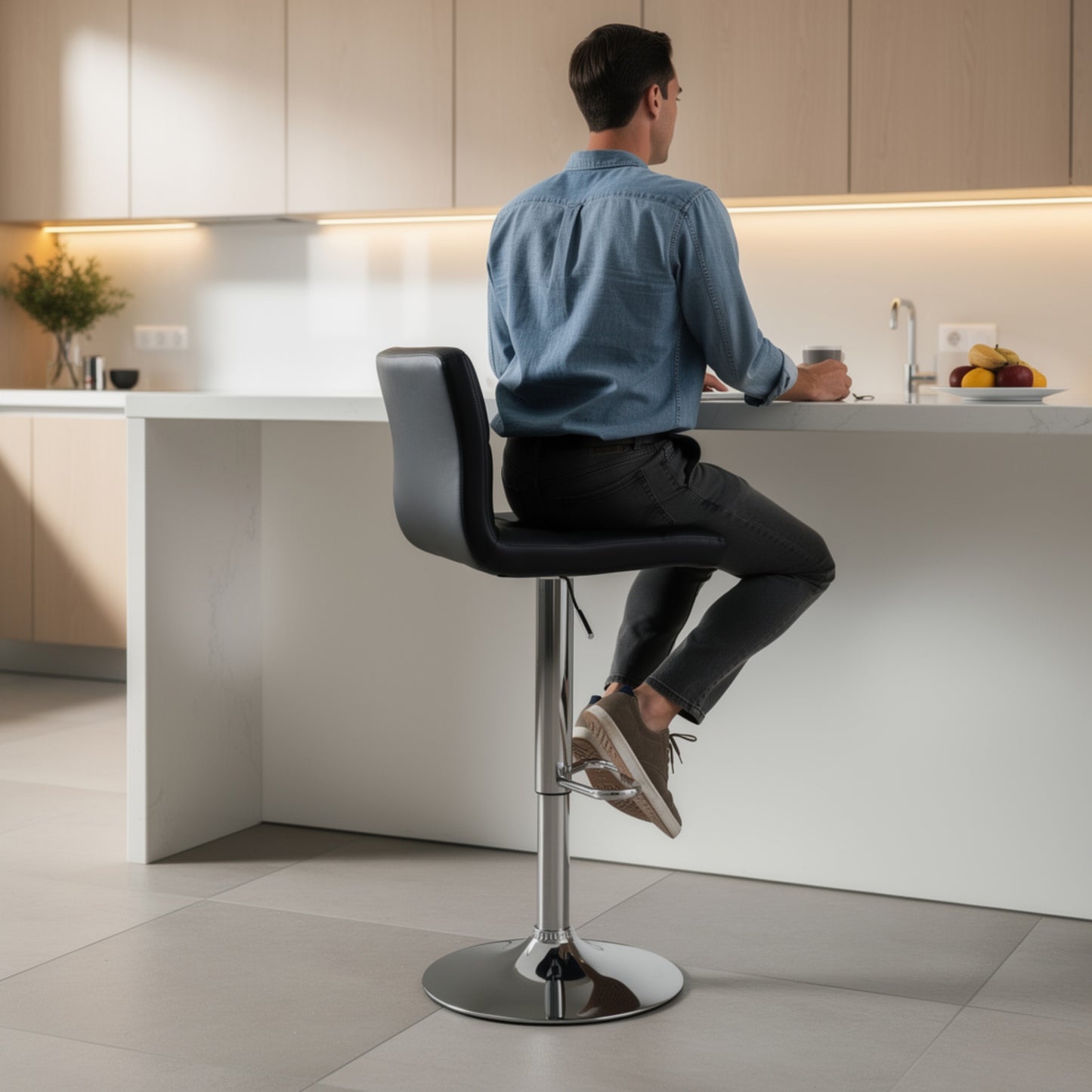 Beal Swivel Barstool Set of 2, Black Faux Leather, 24-33 Extra Tall Seat