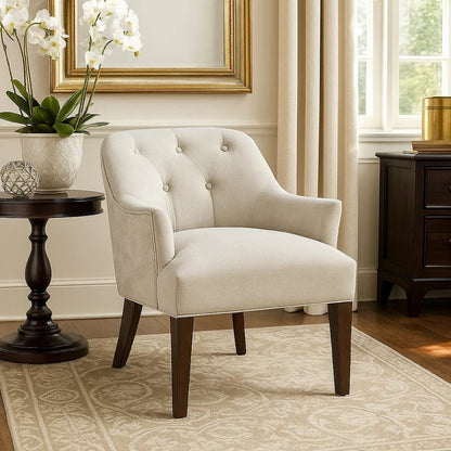 Beca Accent Armchair, Button Tufted Back, Sloped Arms, Beige Polyester