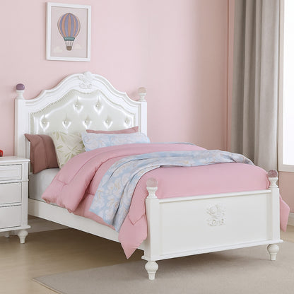 Bela Twin Size Bed w Button Tufted Headboard, White Faux Leather