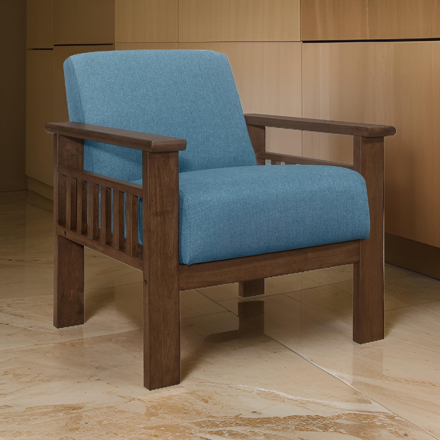 Bella 32 Inch Accent Chair Armchair, Storage Arms, Blue, Solid Rubberwood