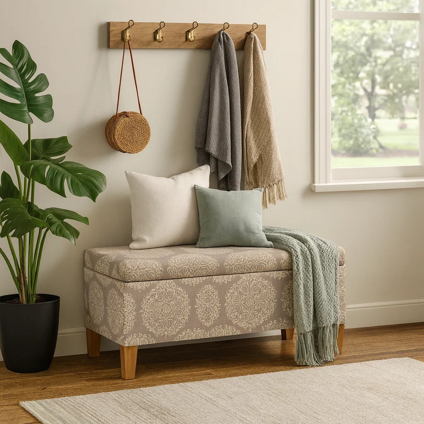 Ben Storage Bench Ottoman, Light Brown Medallion Design, 36 Inch