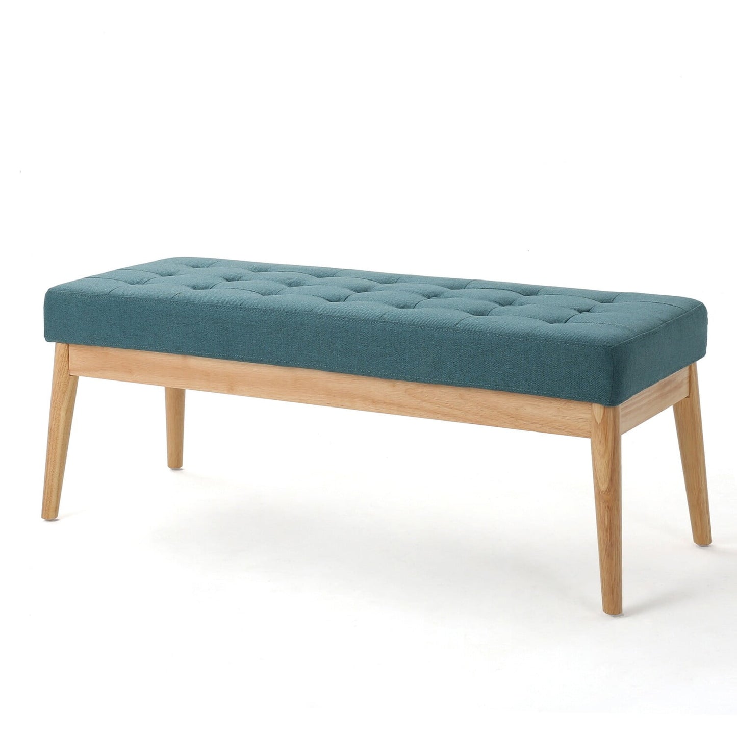 Gisa Ottoman Bench, Teal Blue Fabric Tufted Seat, 44 Inch Brown Wood