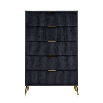 Moko 51 Inch Tall Dresser, 5 Soft Upholstered Drawers, Black, Gold