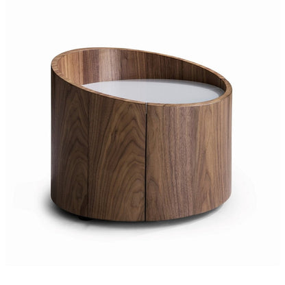 21 Inch Nightstand, Round Wood Body, Gray Tempered Glass, Walnut Brown
