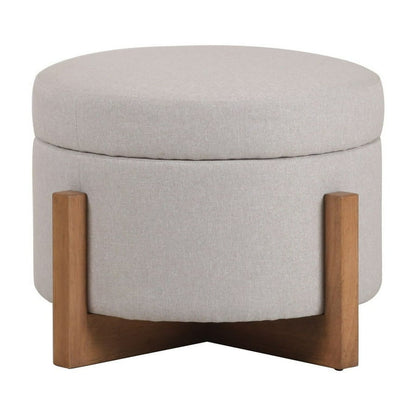 24 Inch Ottoman, Round Cushioned Storage Seat, Gray Polyester, Brown Wood