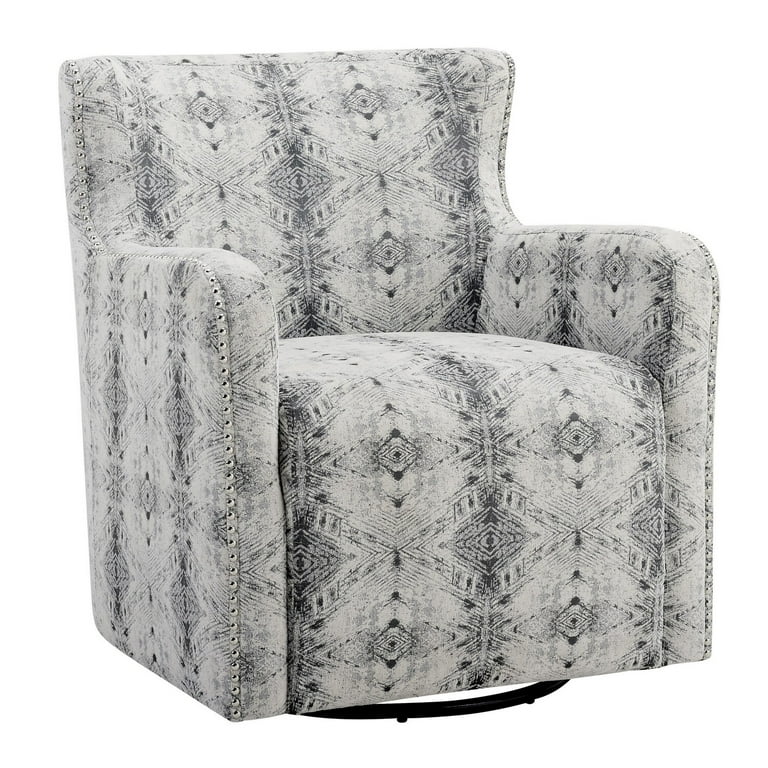 32 Inch Swivel Accent Chair, Gray Black Patterned Polyester, Solid Wood