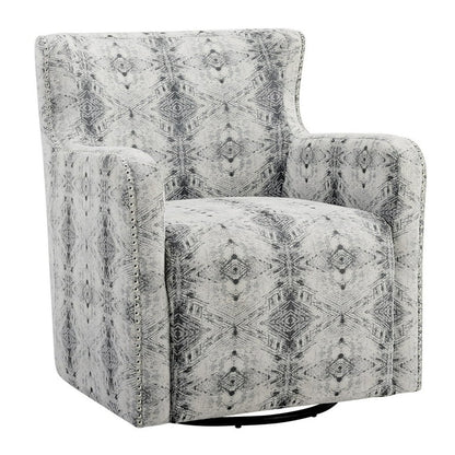 32 Inch Swivel Accent Chair, Gray Black Patterned Polyester, Solid Wood
