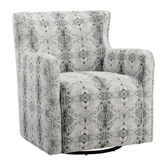 32 Inch Swivel Accent Chair, Gray Black Patterned Polyester, Solid Wood