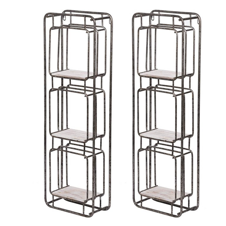 36 Inch Shelves Set of 2, 3 Tier Design, Iron Frame, Wood, Gray Finish