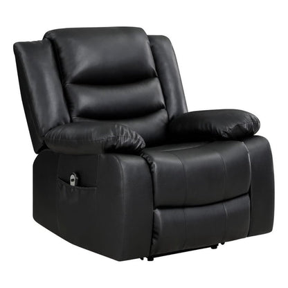 Carry 39 Inch Power Lift Recliner Chair, Black Faux Leather, Solid Wood